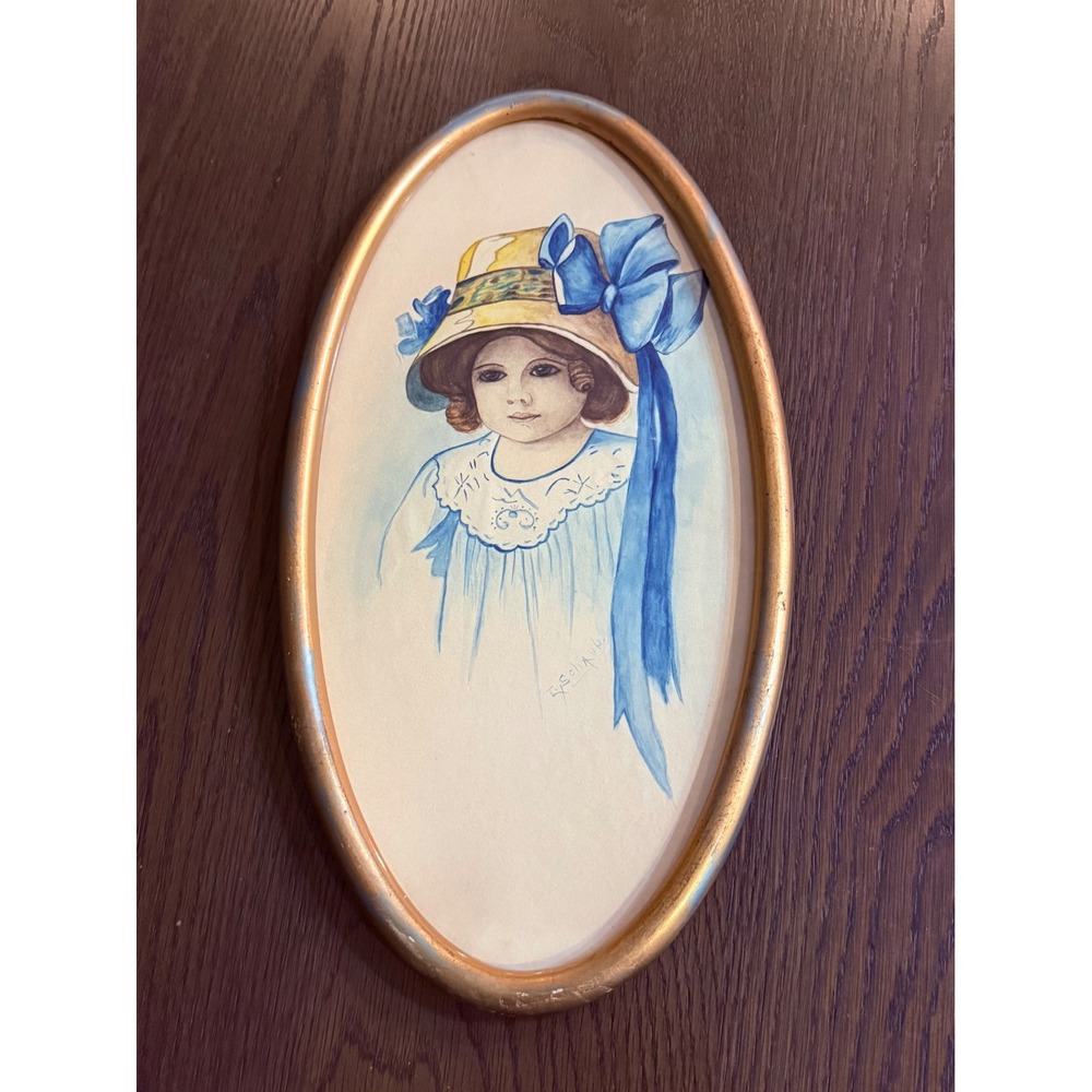 Vtg Original Watercolor Portrait Young Girl Blue Bow Gold Oval Frame Signed Art